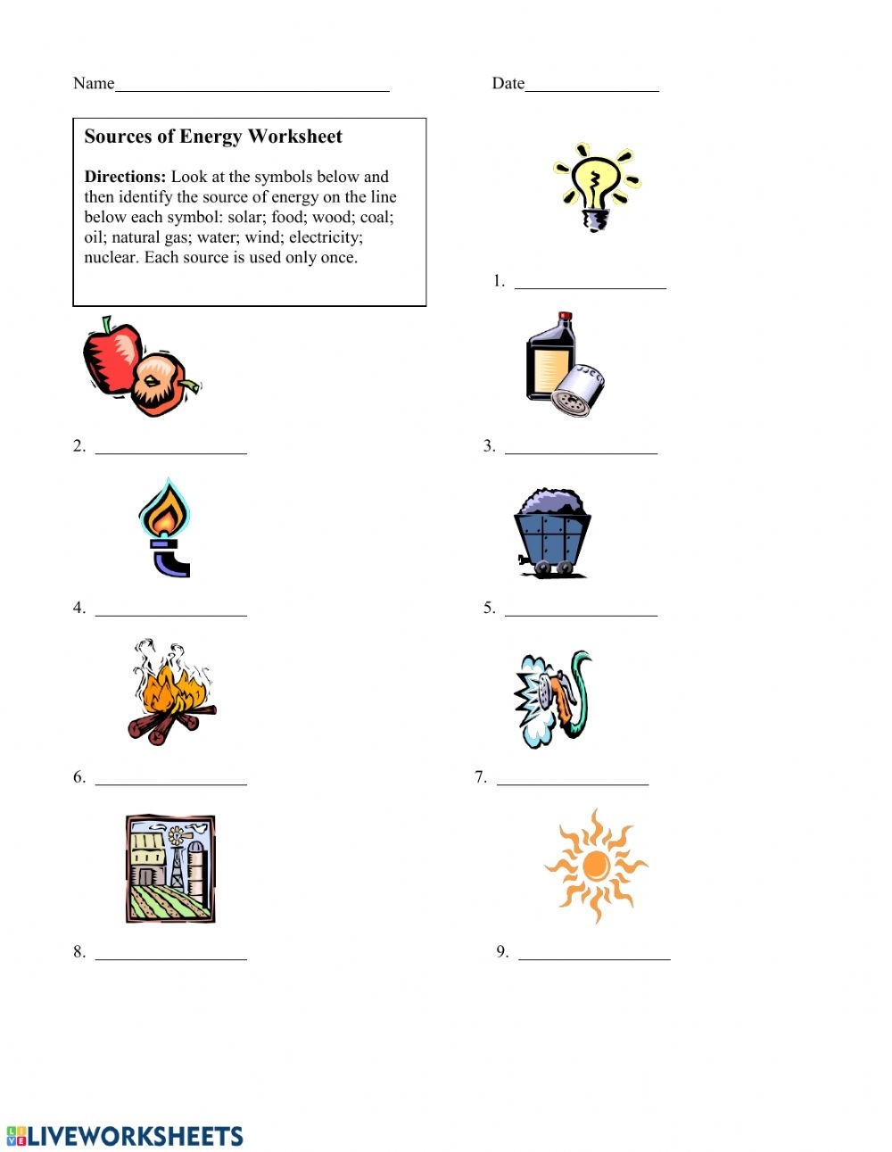 types of energy worksheet