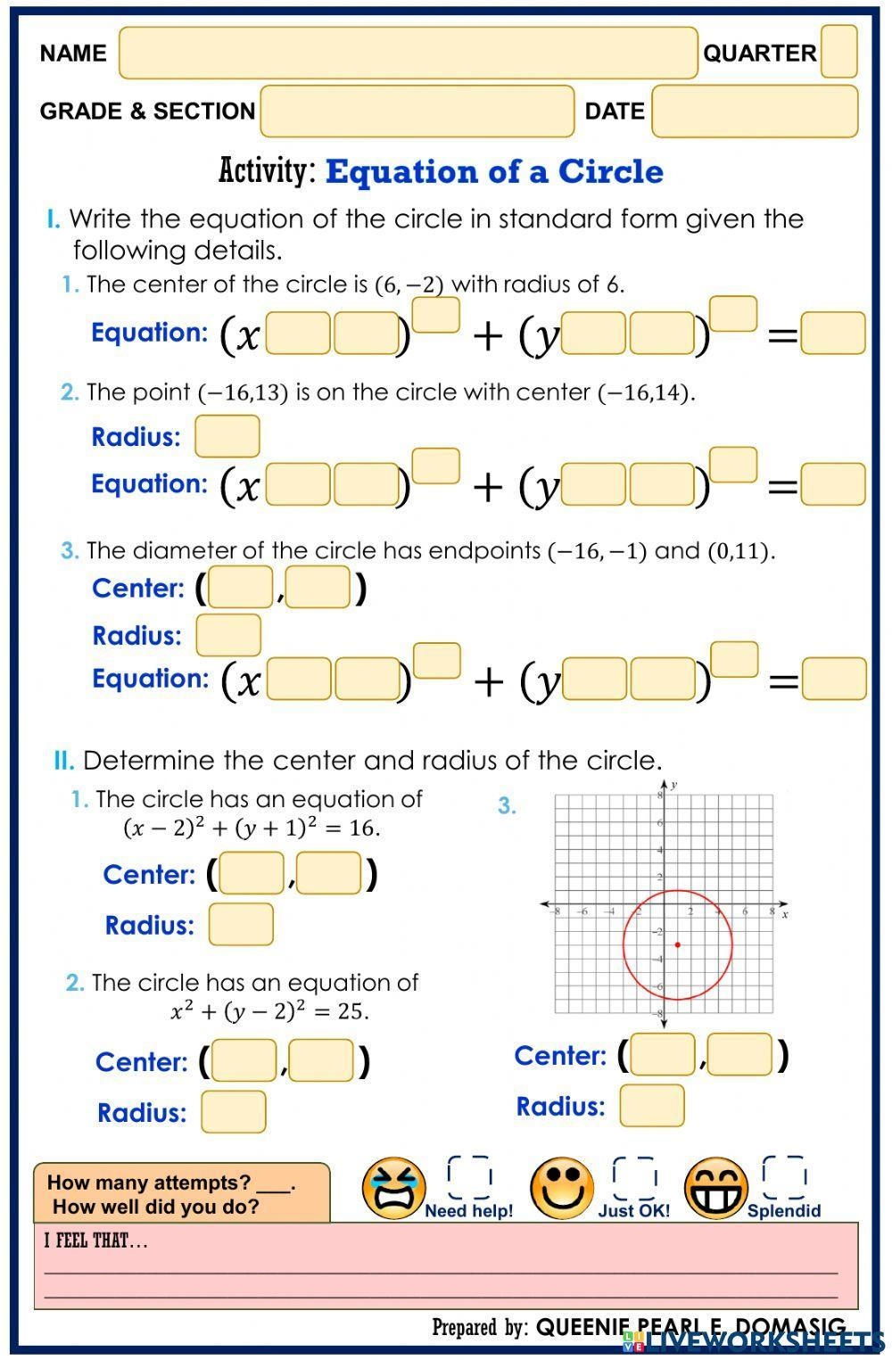 Equation Of A Circle Interactive Worksheet Live Worksheets 