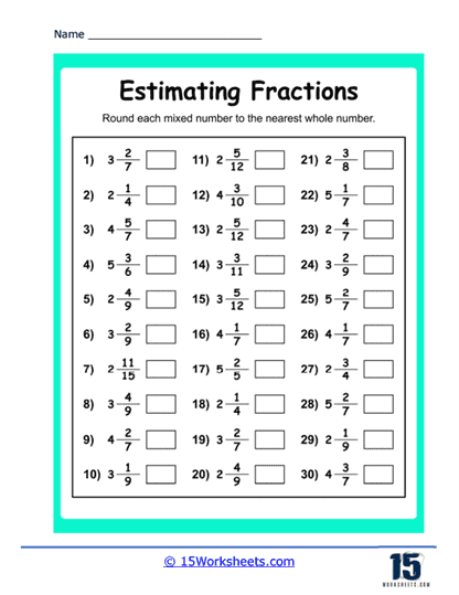 Estimating Fractions Using Benchmark Fractions Worksheet