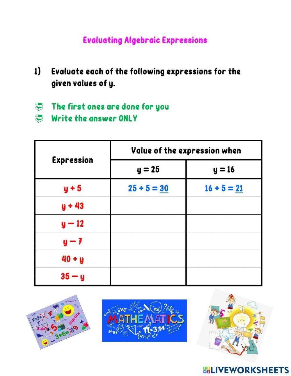 Evaluating Algebraic Expression Worksheets Worksheets Library