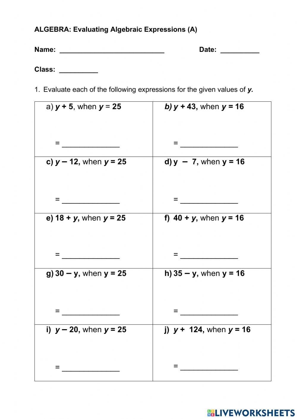 Evaluating Algebraic Expression Worksheets Worksheets Library
