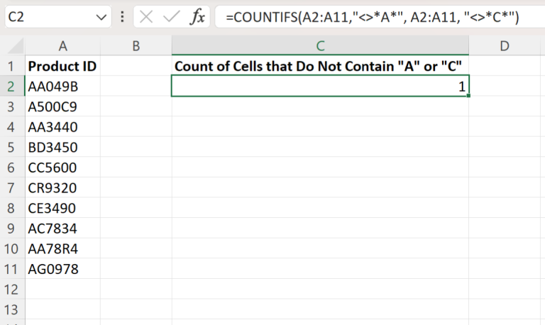 Excel Formula COUNTIF Does Not Contain
