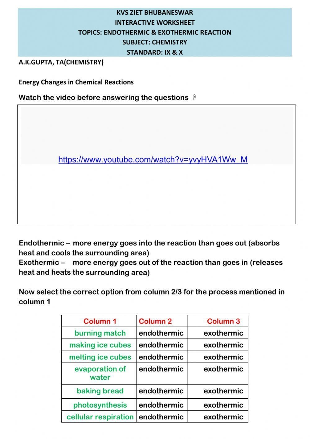 Exothermic Endothermic Reactions Worksheet Live Worksheets 