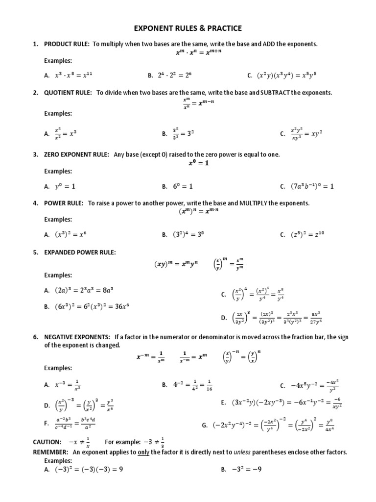 Exponent Rules Practice PDF Download Free PDF Fraction