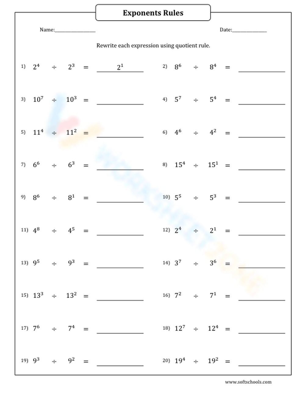 Exponents Rules 7 Worksheet Worksheets Library