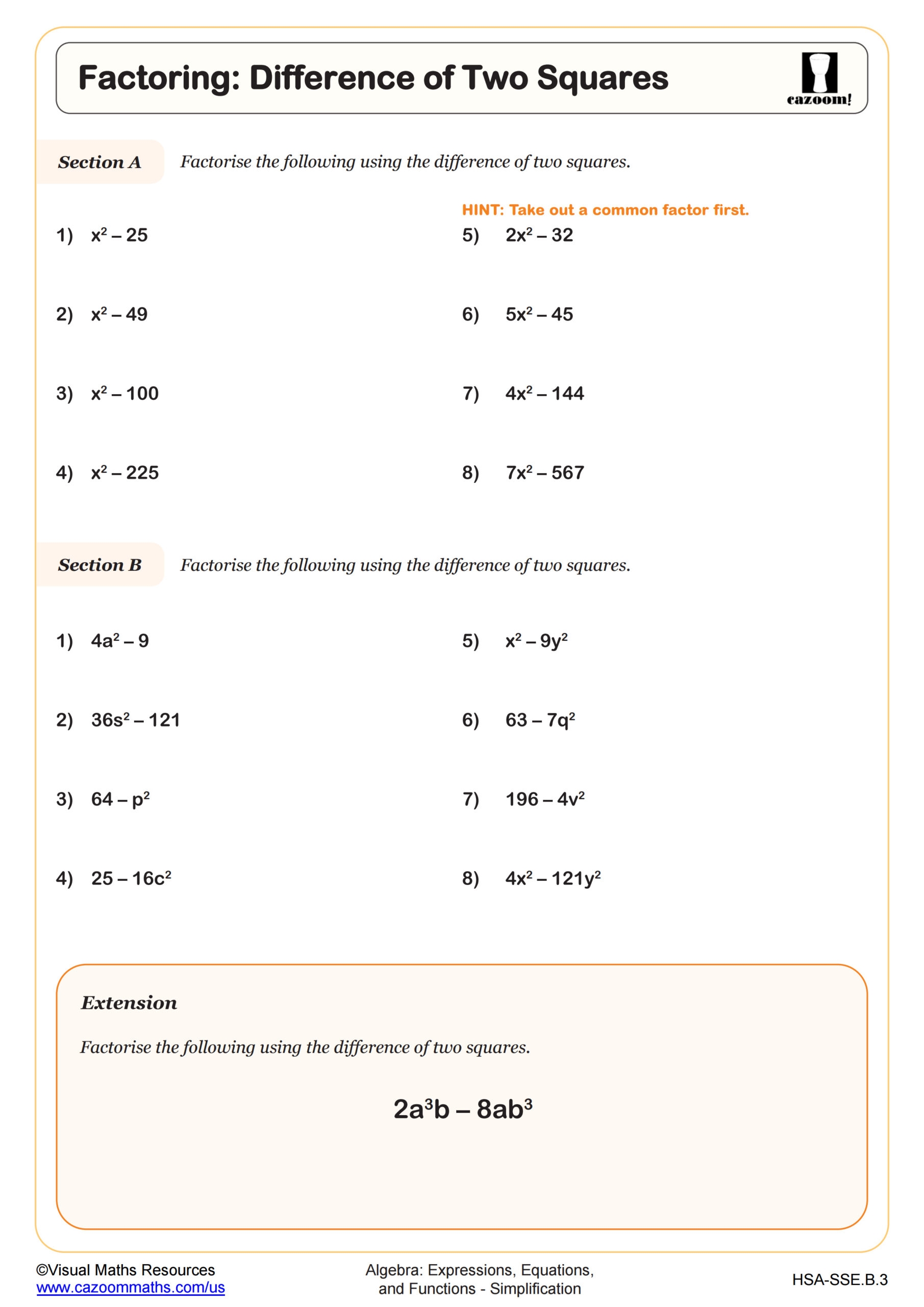 difference of squares worksheet