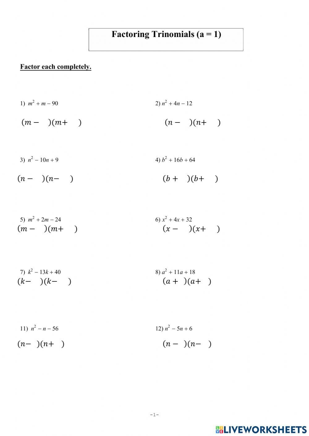 Factoring Trinomials When A 1 Worksheet By Mr Greenlaw Math TPT 