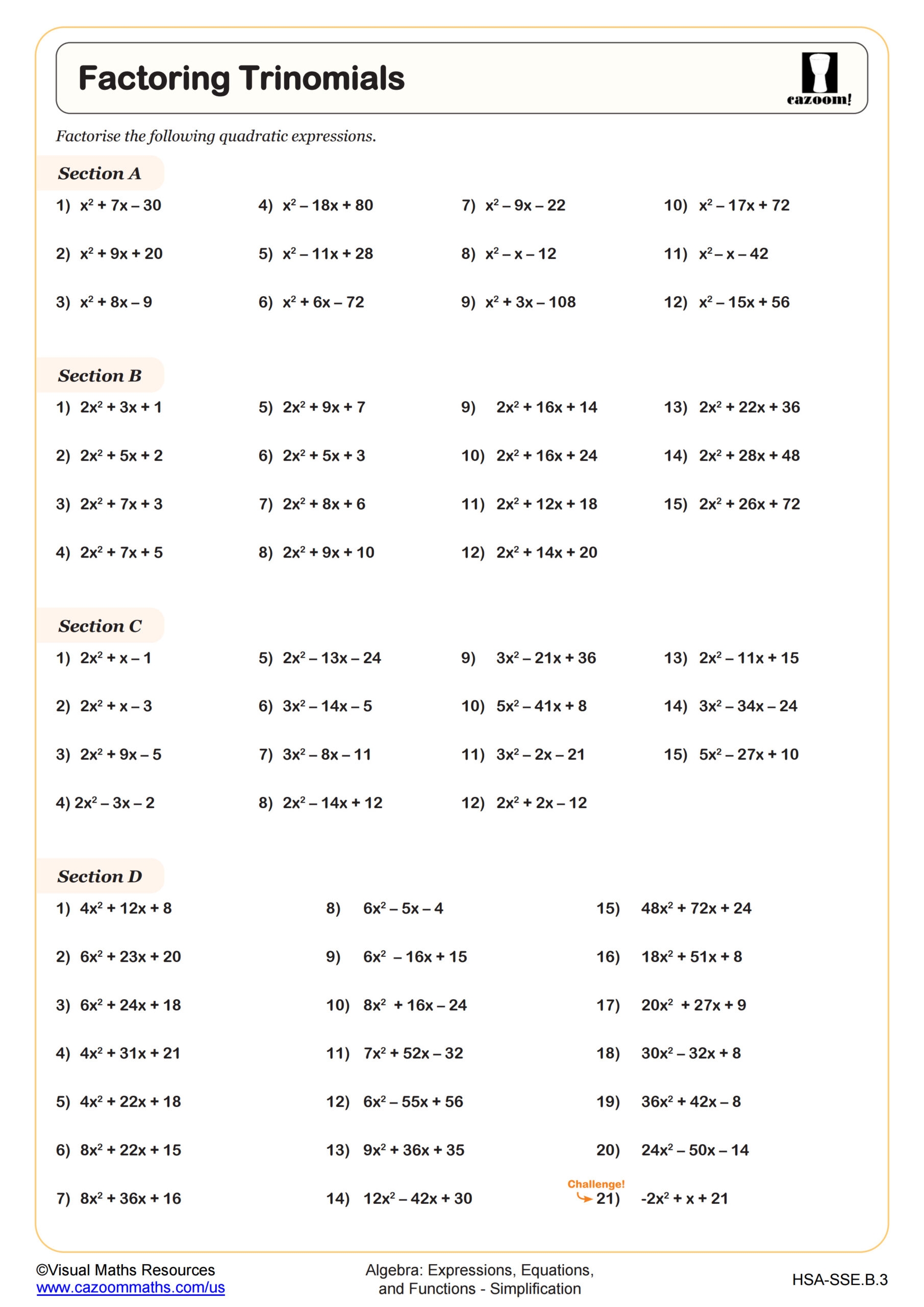Factoring Trinomials Worksheet PDF Printable Algebra Worksheet 