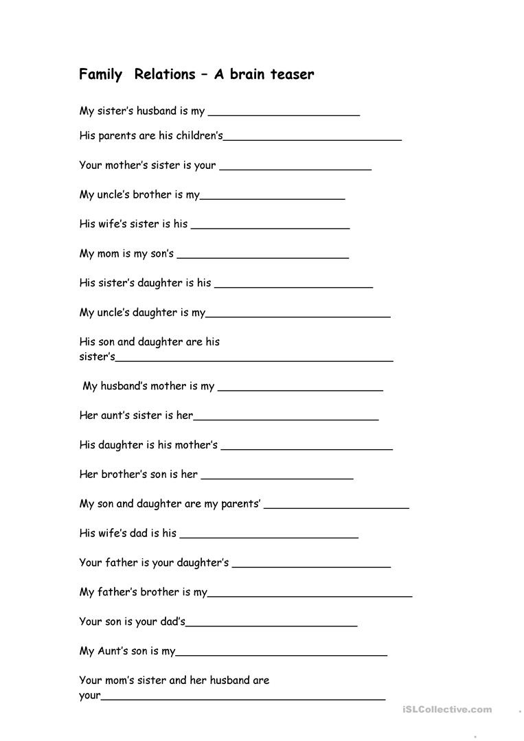 Family Relations A Brain Teaser Worksheet Free Esl Printable Free 