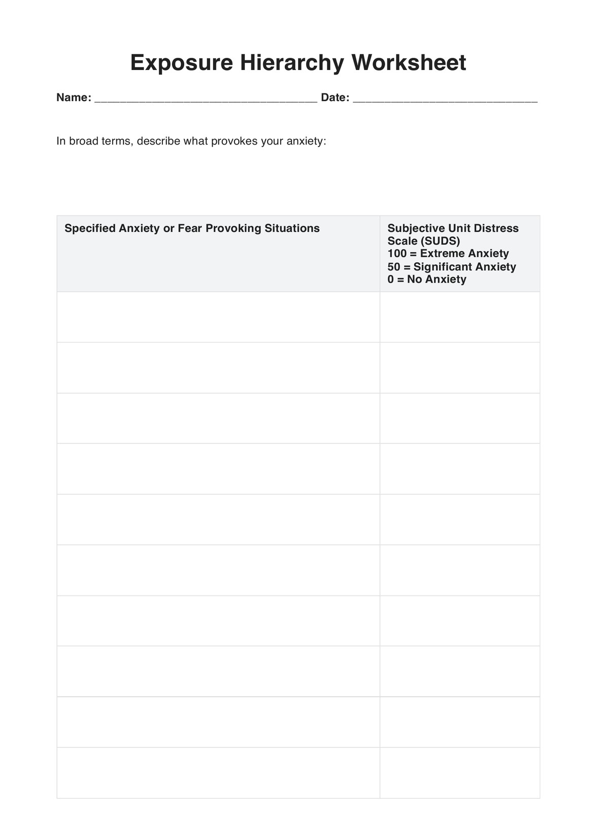 fear hierarchy worksheet