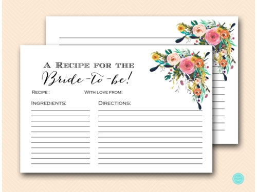 Floral Garden Bridal Shower Recipe Cards Magical Printable