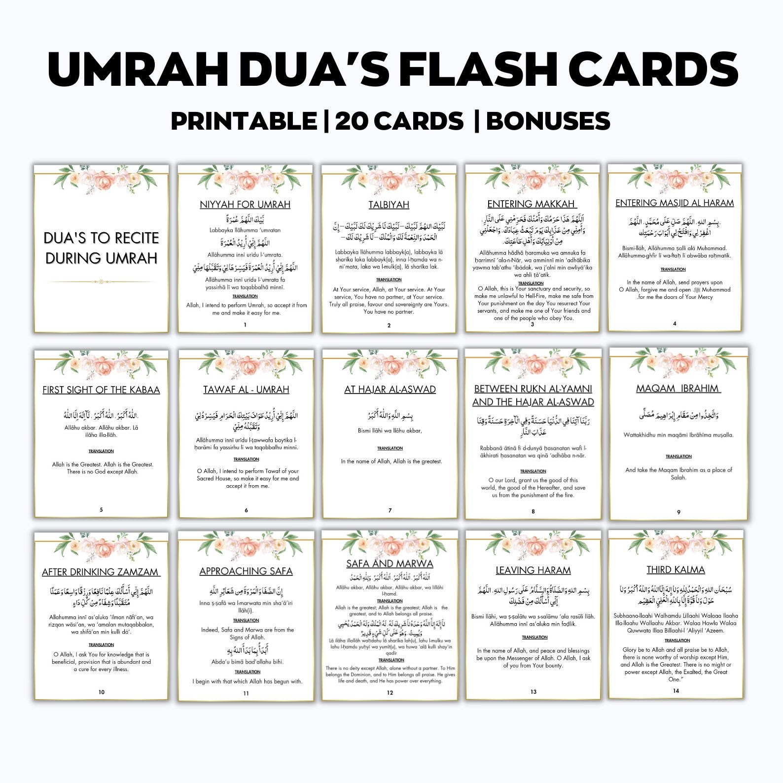 Floral Umrah Dua Printable Umrah Blue Dua Cards Umrah Guide 