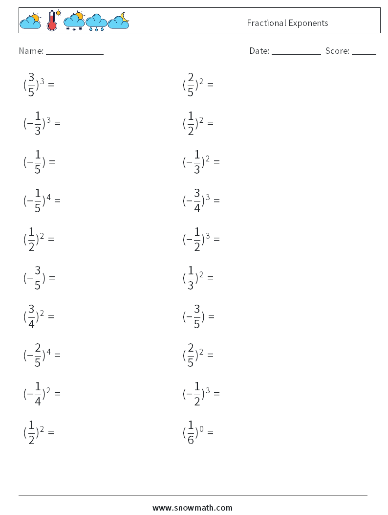 Fractional Exponents Worksheet