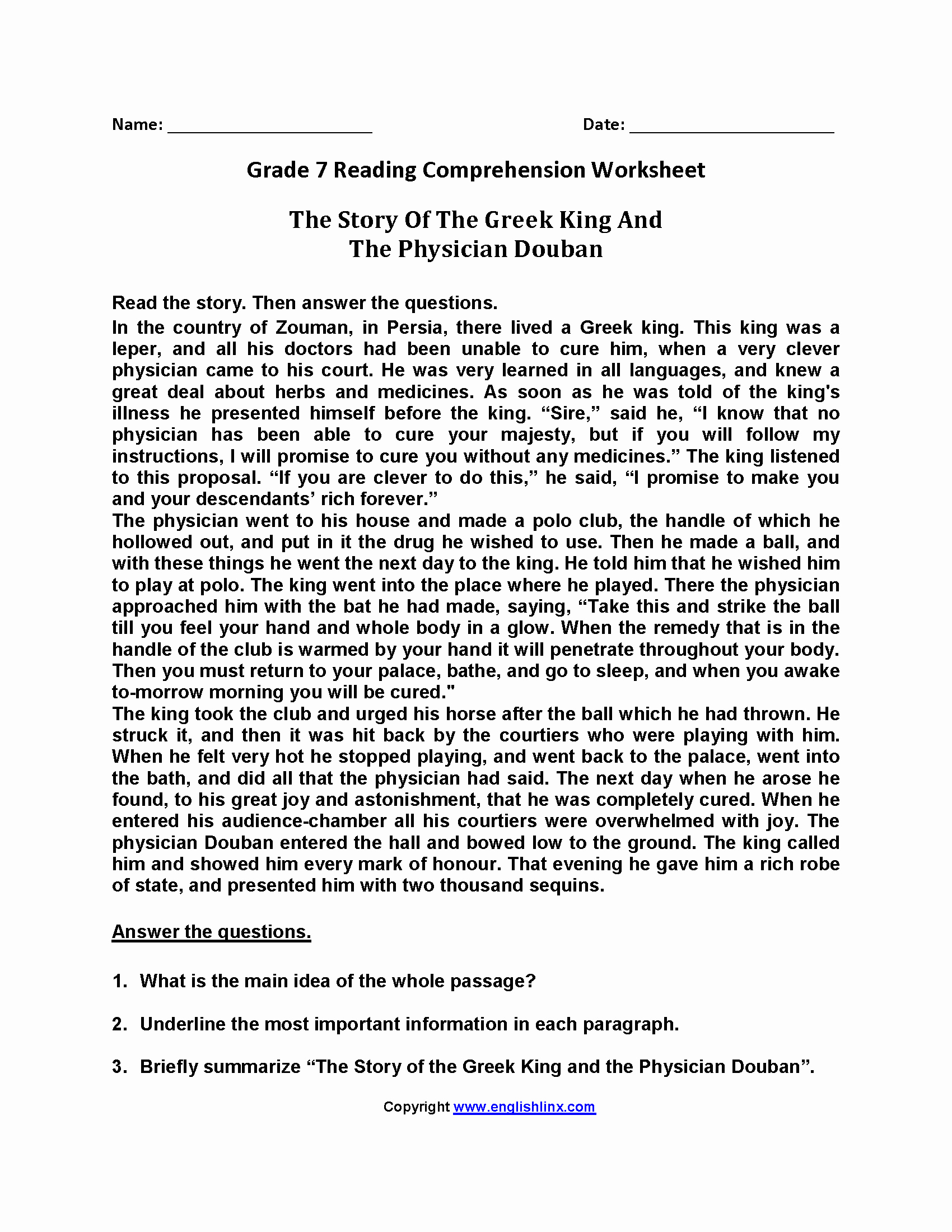 Free 7th Grade Reading Worksheets Beautiful 7th Grade English Reading 