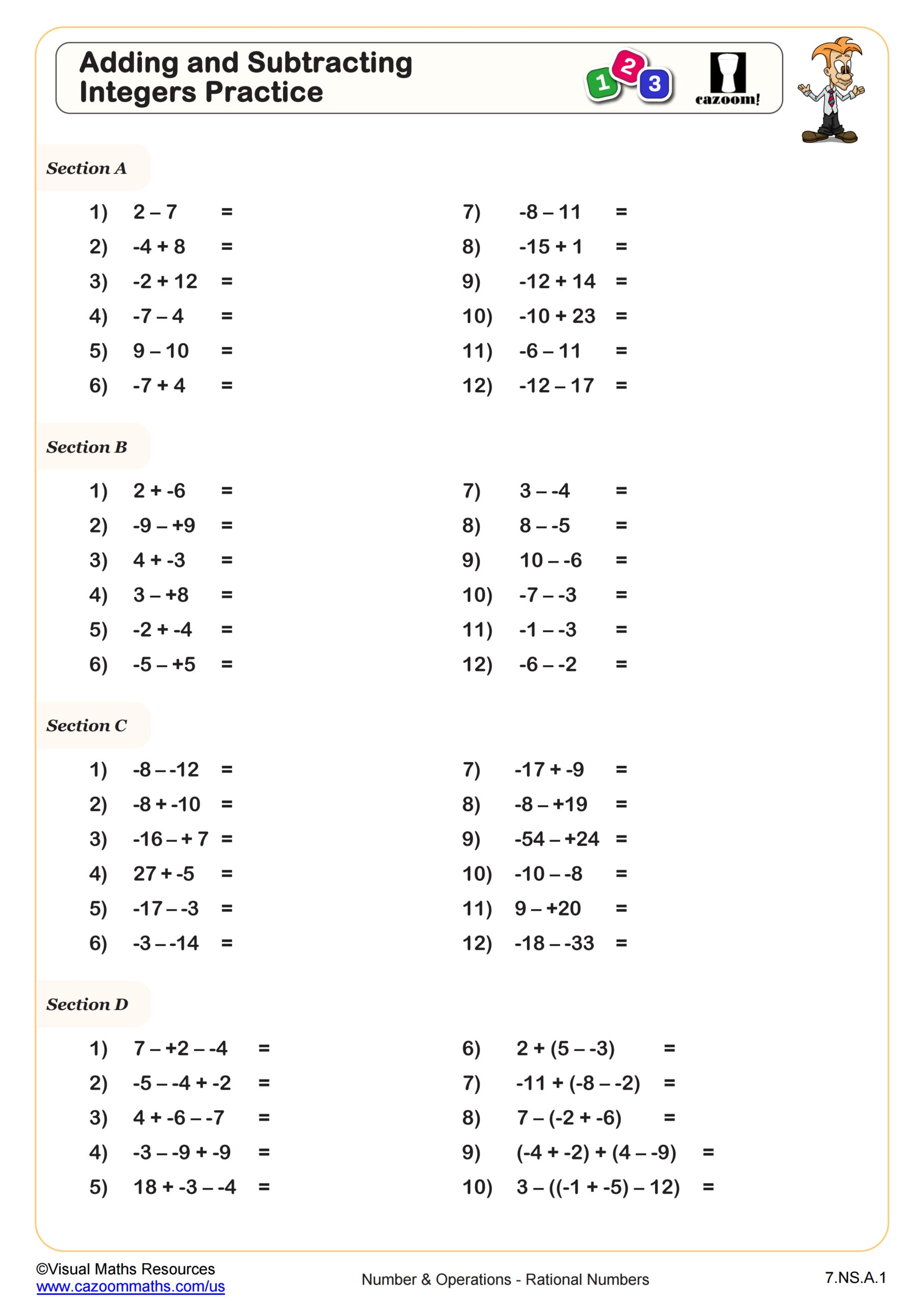 adding and subtracting integers worksheet with answers pdf
