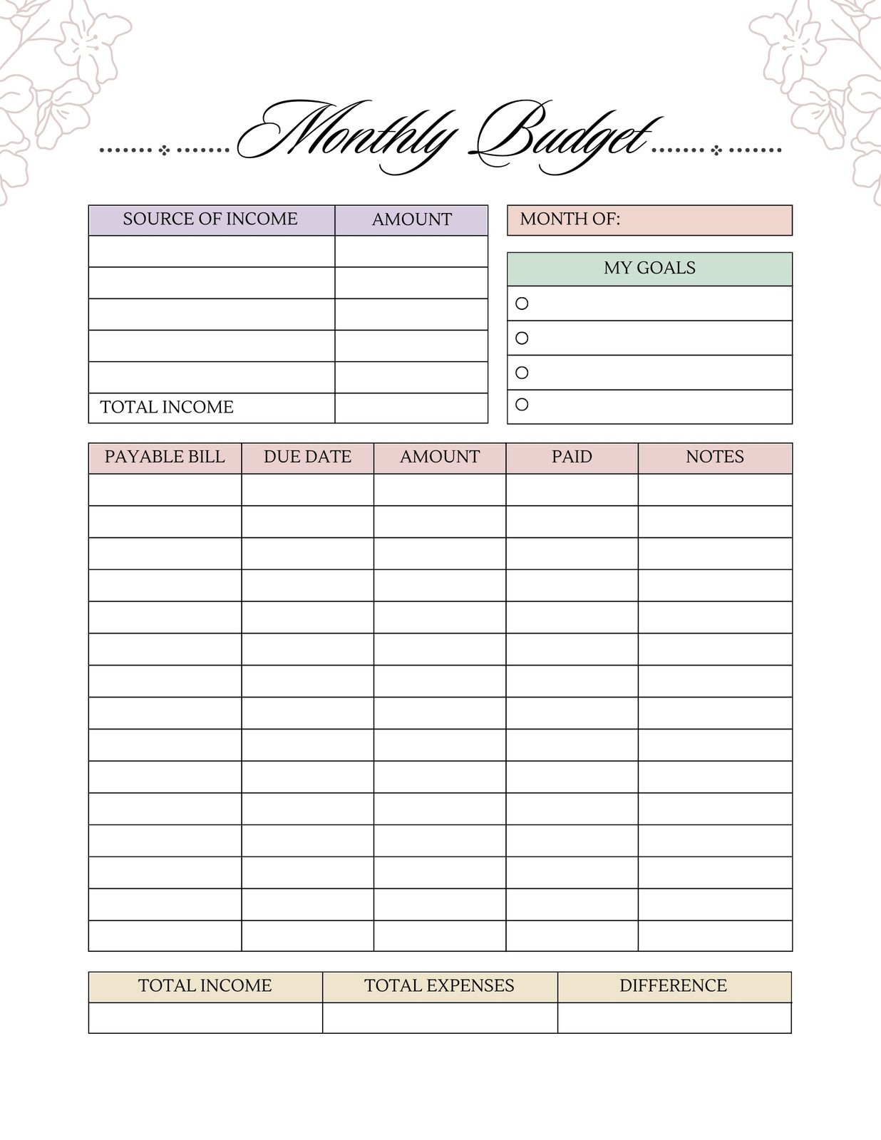 free printable simple monthly budget worksheet