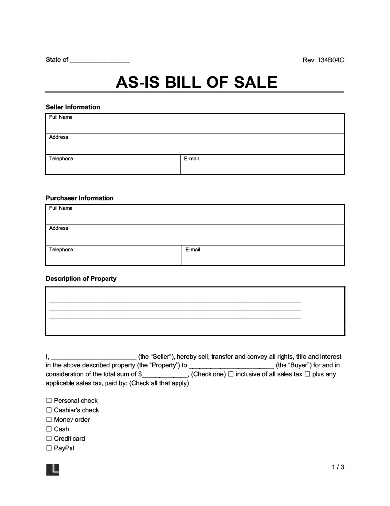 Free As Is No Warranty Bill Of Sale Template PDF Word 