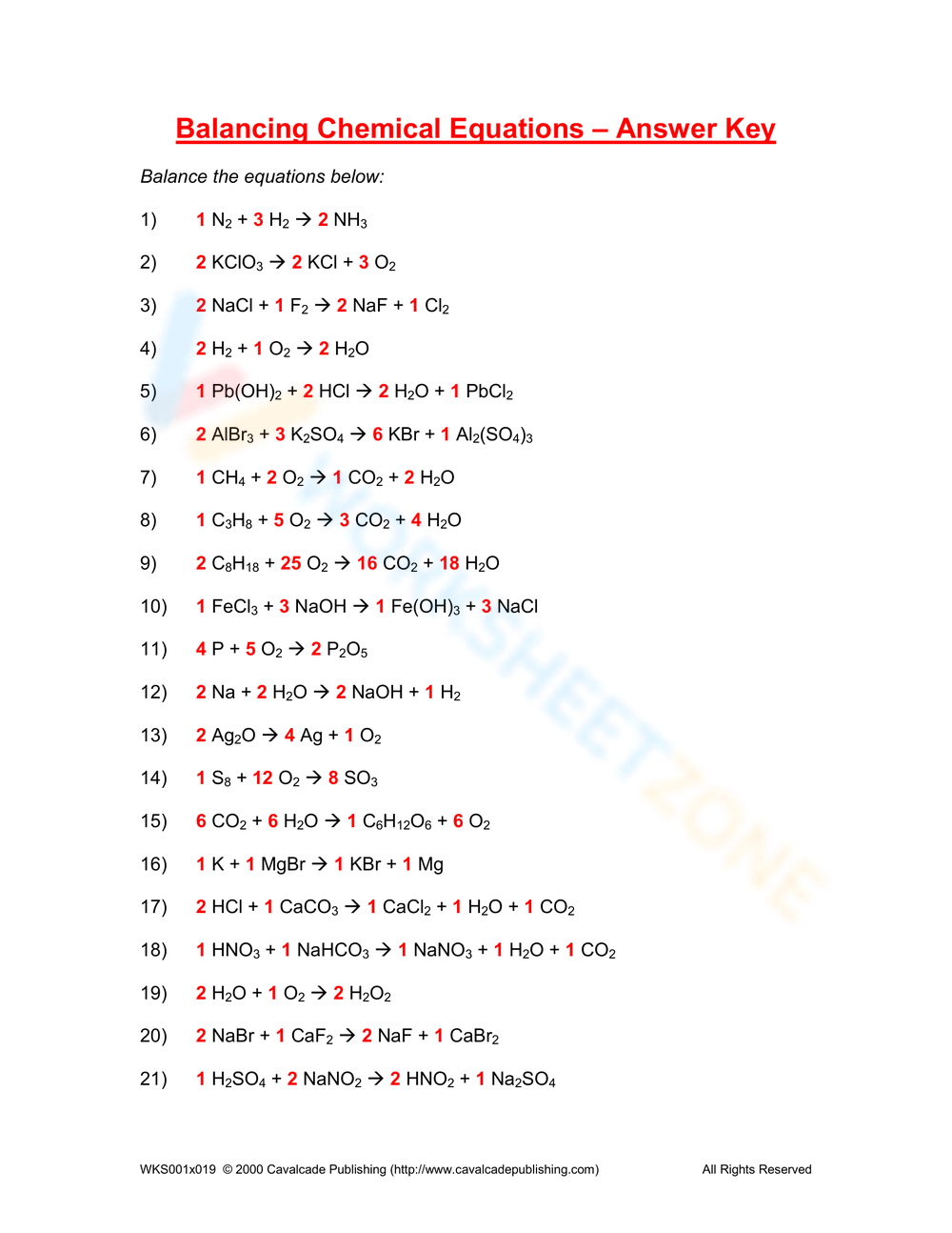 writing and balancing chemical equations worksheet answers pdf