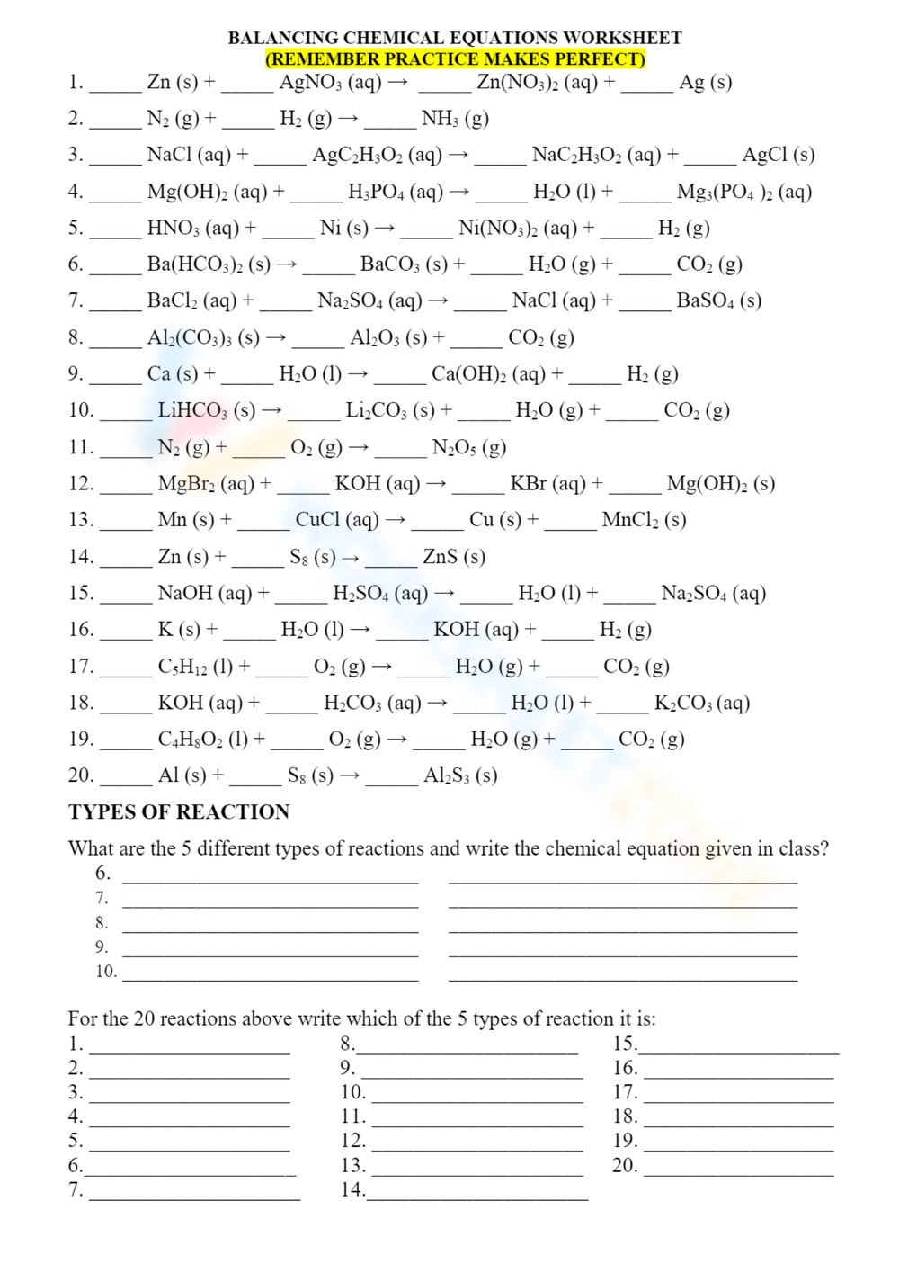 Free Balancing Chemical Reactions Worksheet With Answers Download Free 