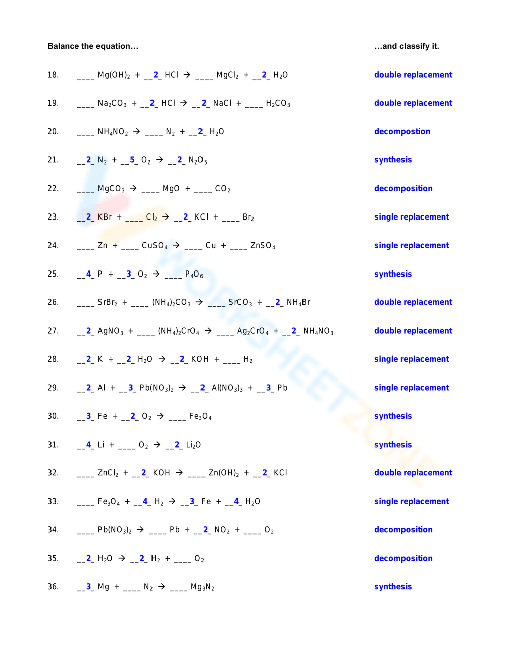 Free Chemistry Balancing Chemical Equations Worksheet Answers Download 
