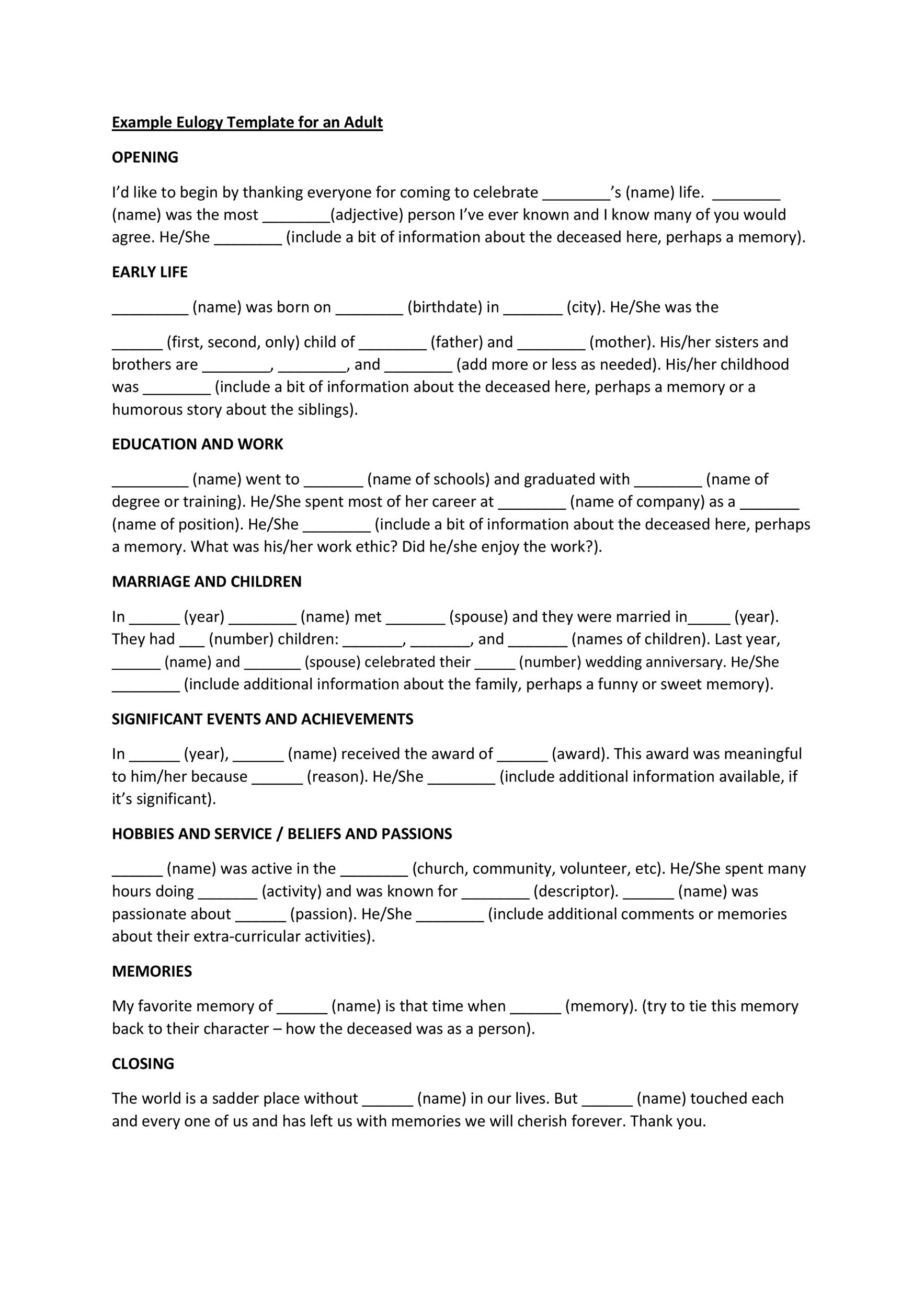 Free Eulogy Template Printable Templates