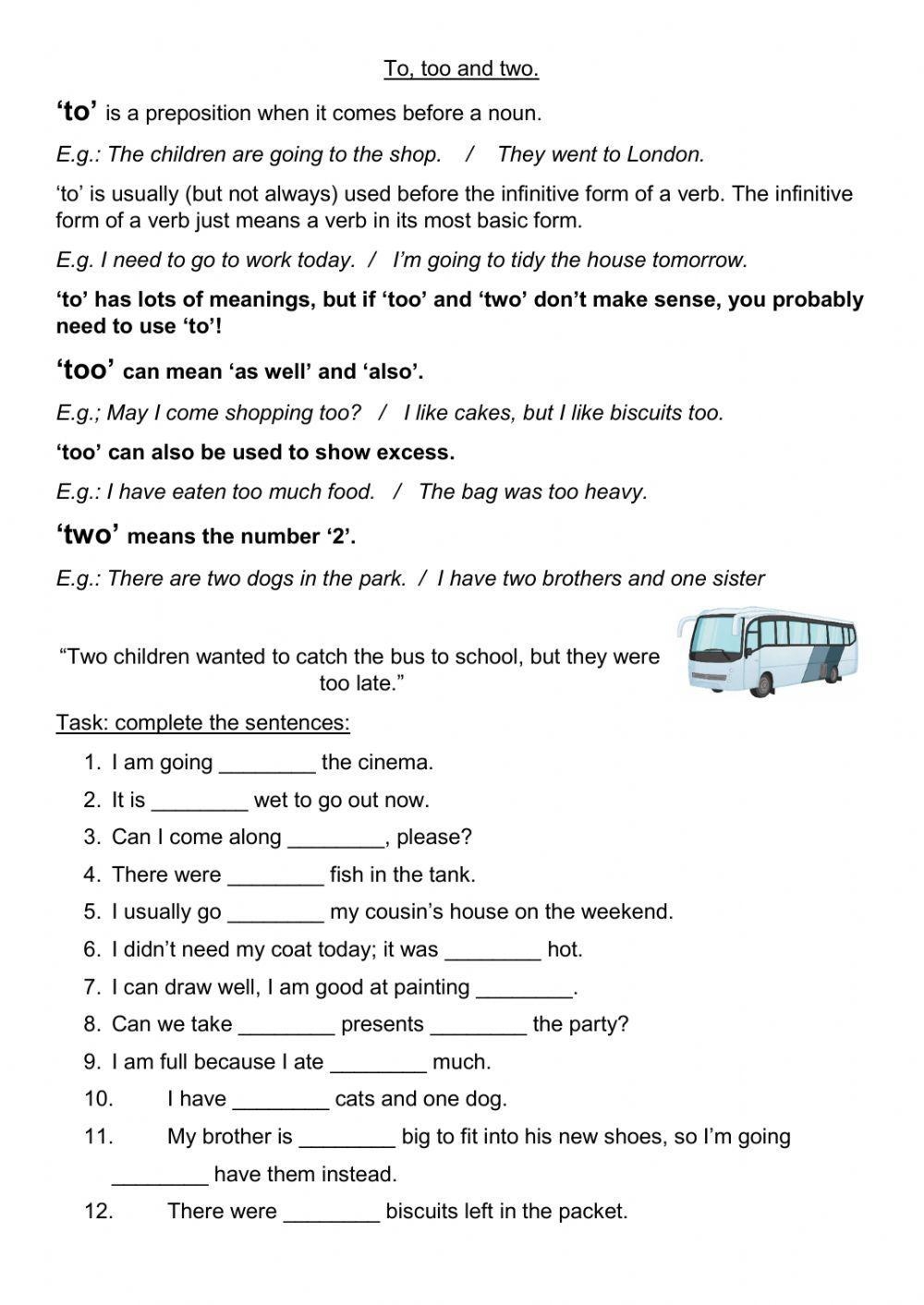 to too and two worksheet
