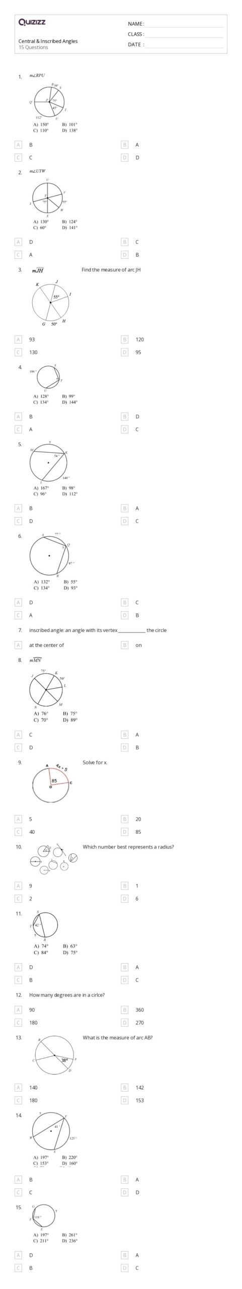 worksheet inscribed angles