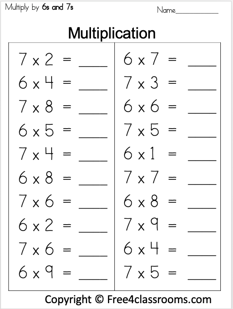 Free Multiplication Worksheet 6s And 7s Free Worksheets