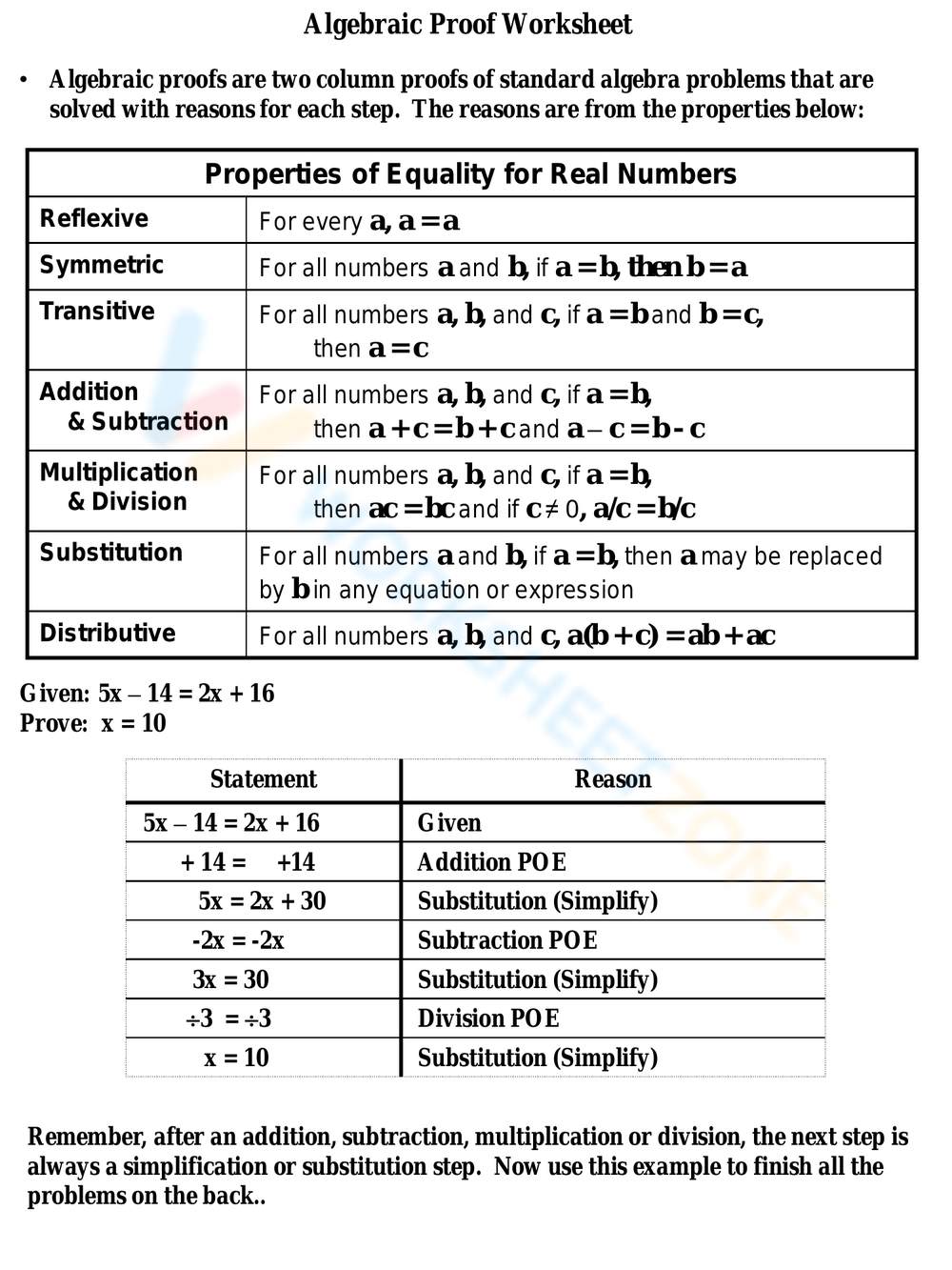 Free Printable Algebraic Proofs Worksheets For Students Worksheets 