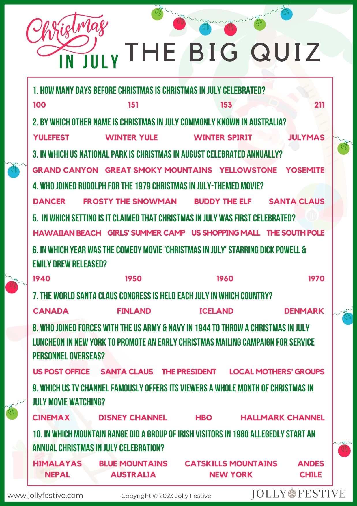 Free Printable Christmas In July Trivia Quiz Jolly Festive 