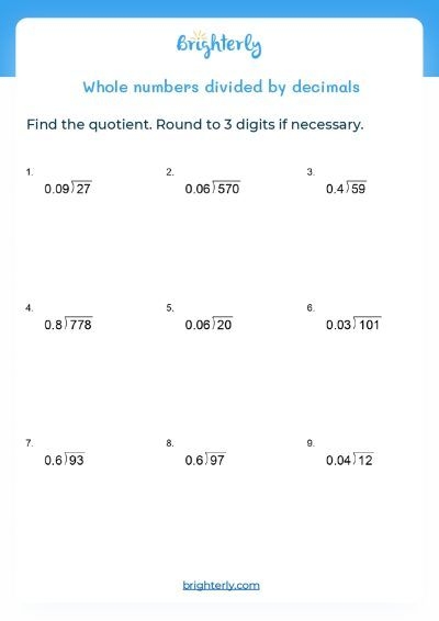 divide decimals worksheet