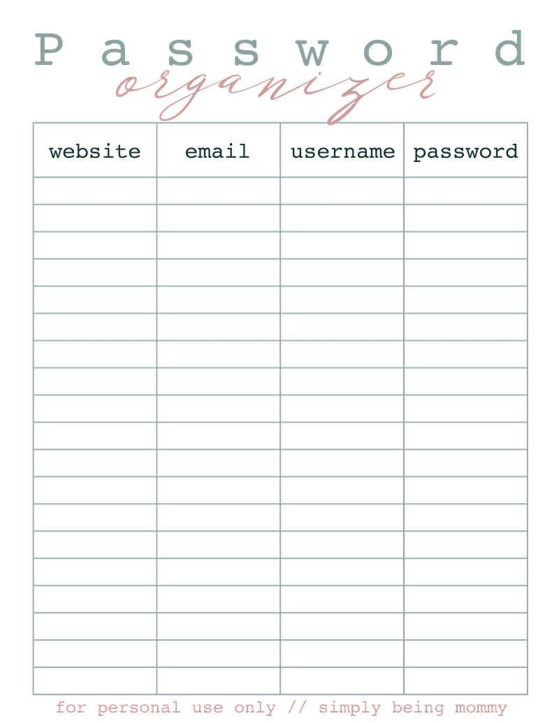 free printable template for passwords