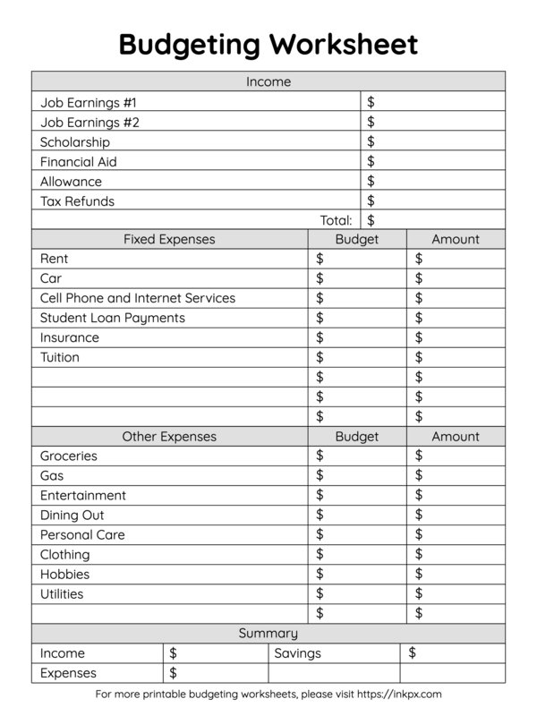 Free Printable Simple Student Budgeting Worksheet InkPx Worksheets