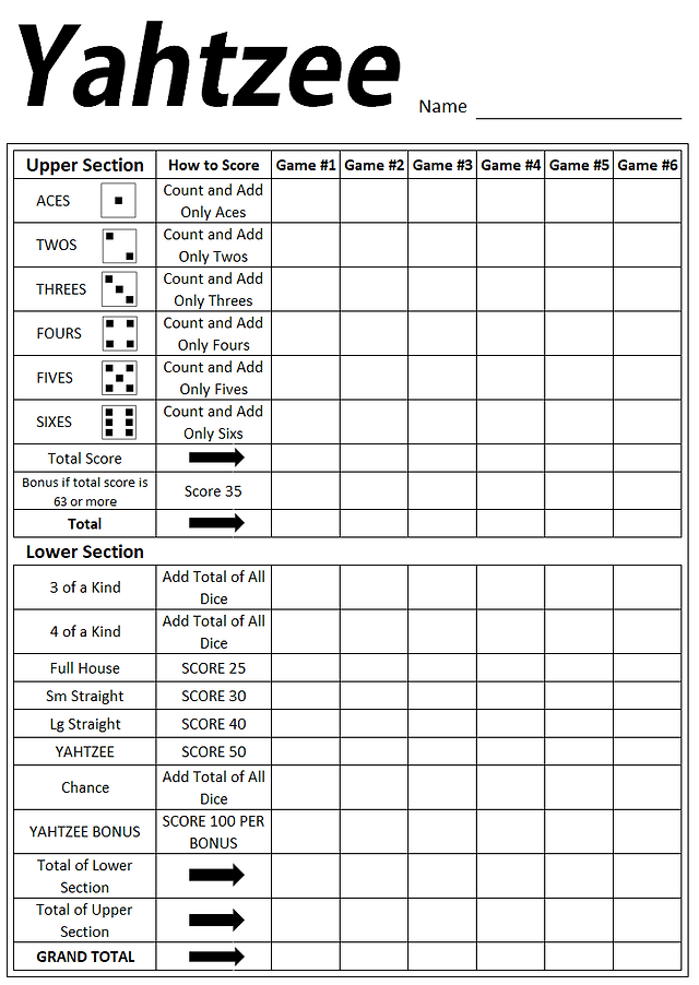 Free Printable Yard Yahtzee Score Card 59 OFF