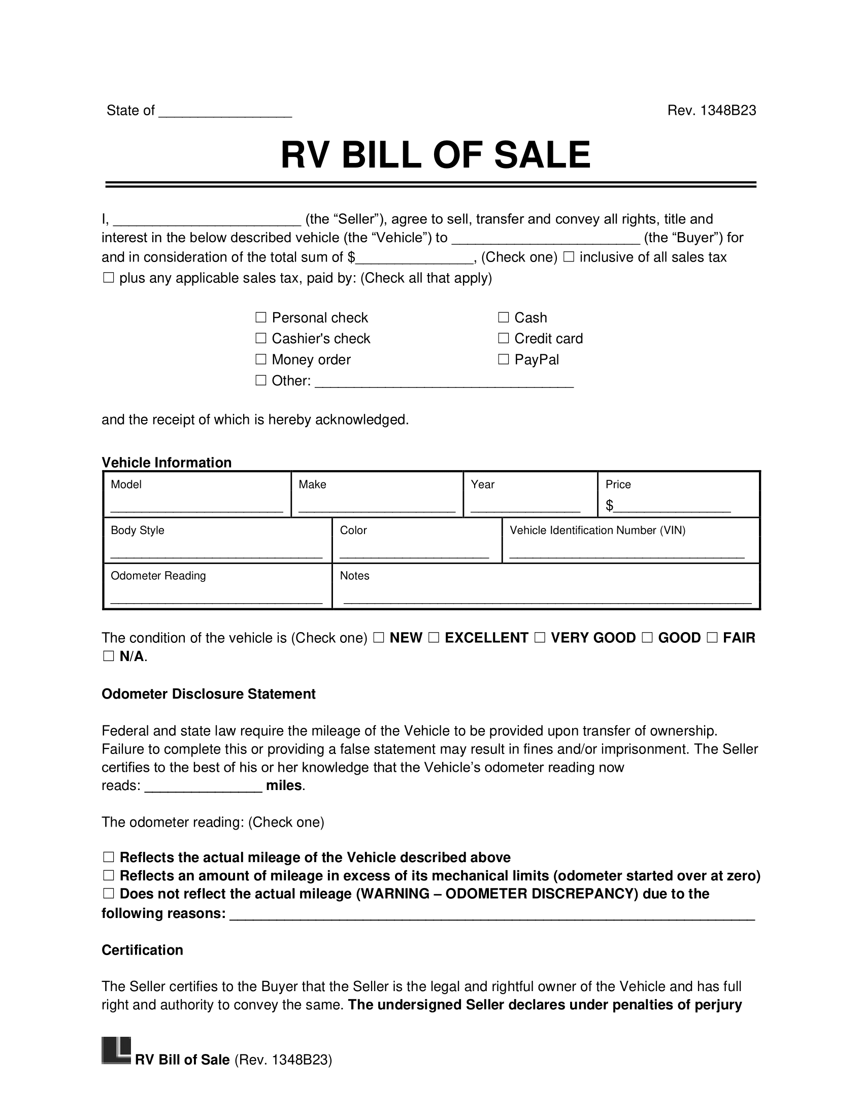 bill of sale agreement form