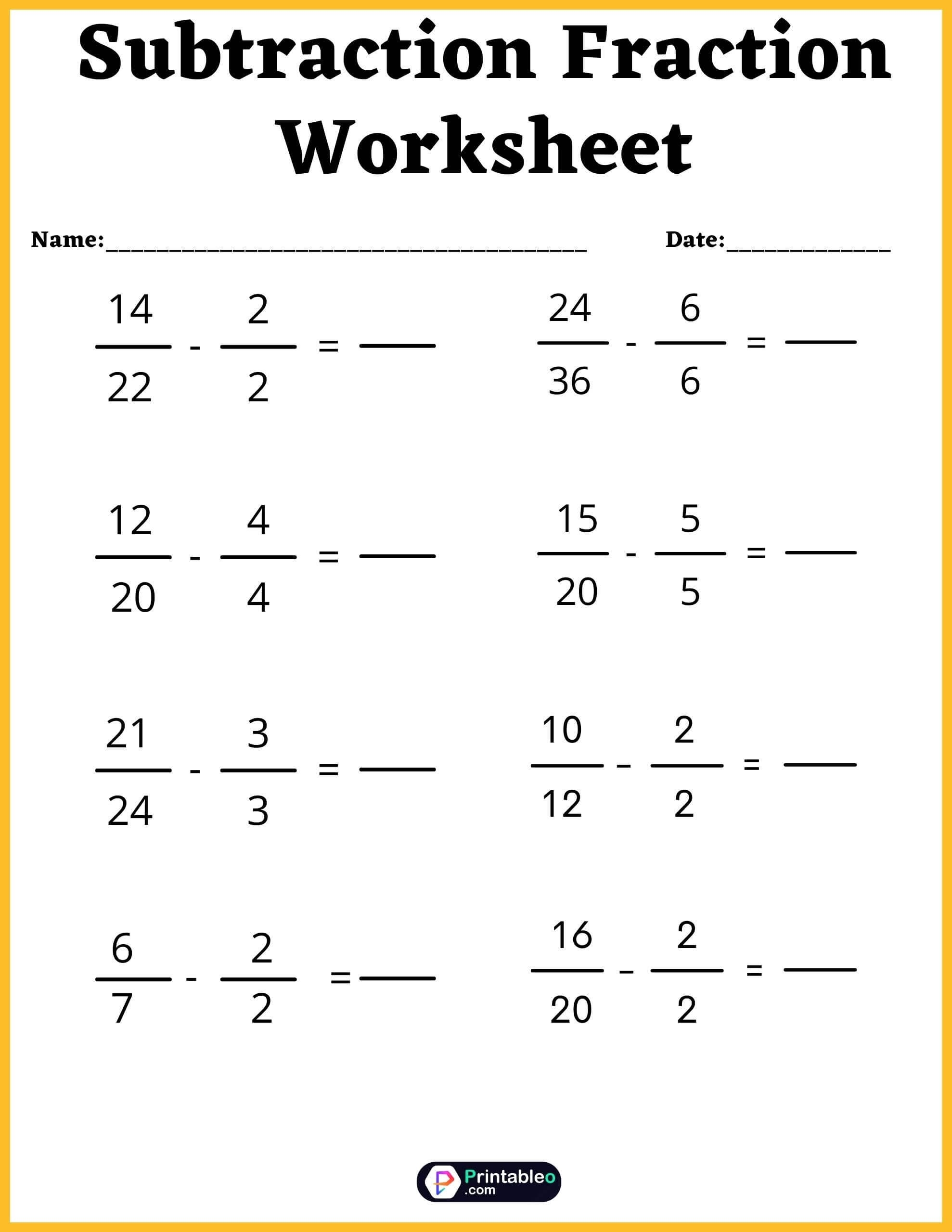 Free Subtraction Fraction Worksheet For Fifth Grade FREE Download