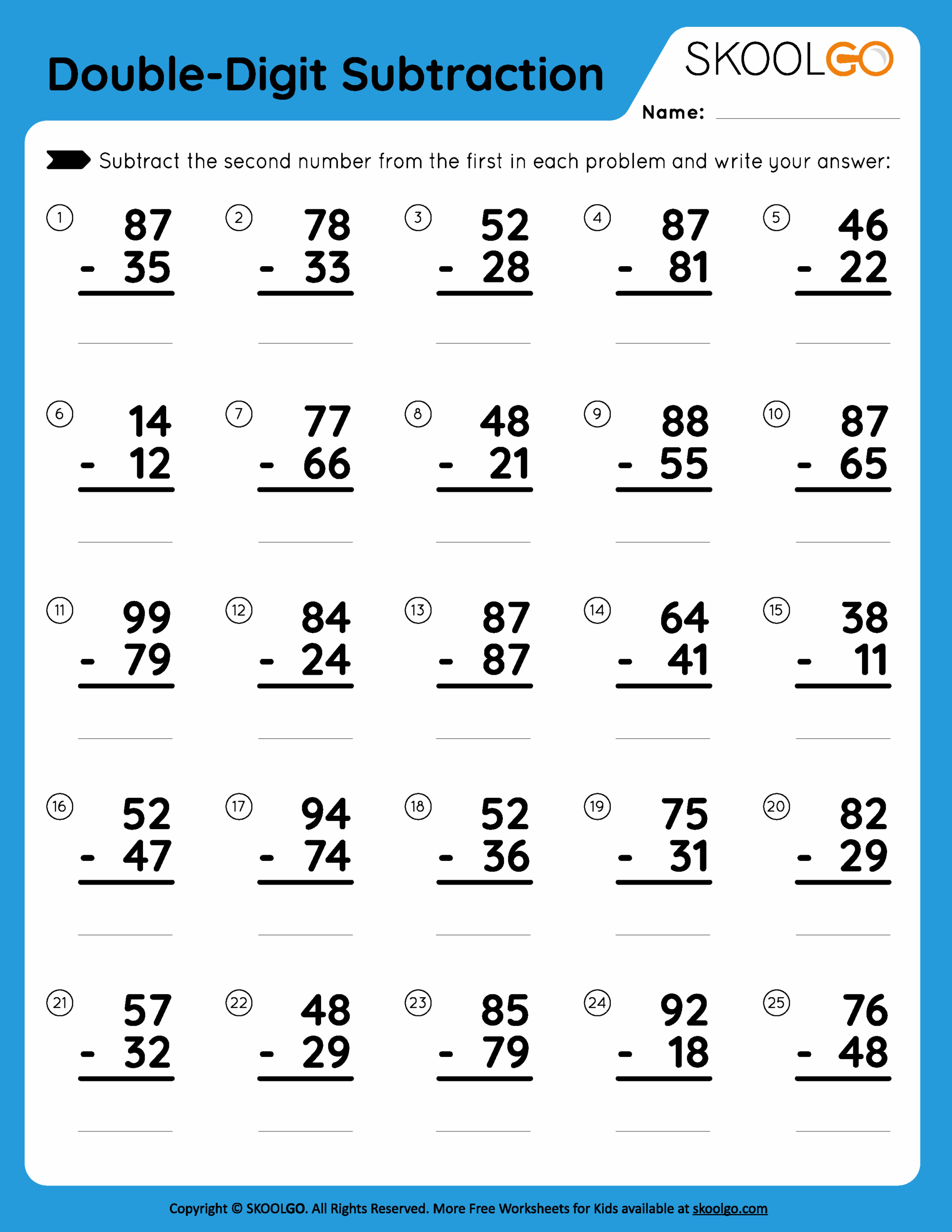 two digit subtraction worksheets