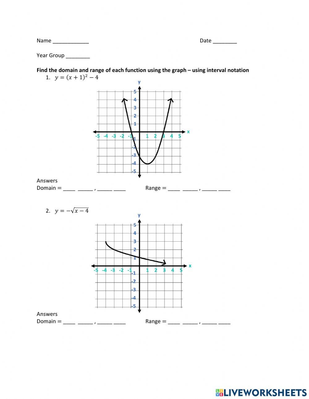 Functions Find Domain And Range Worksheet Live Worksheets 