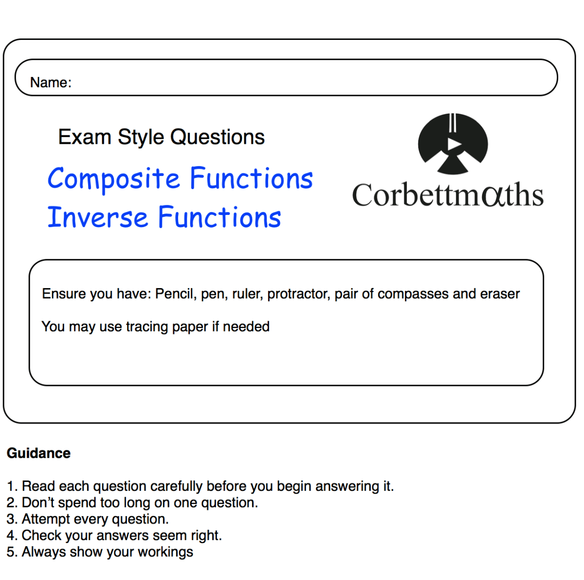 Functions Practice Questions Corbettmaths Worksheets Library