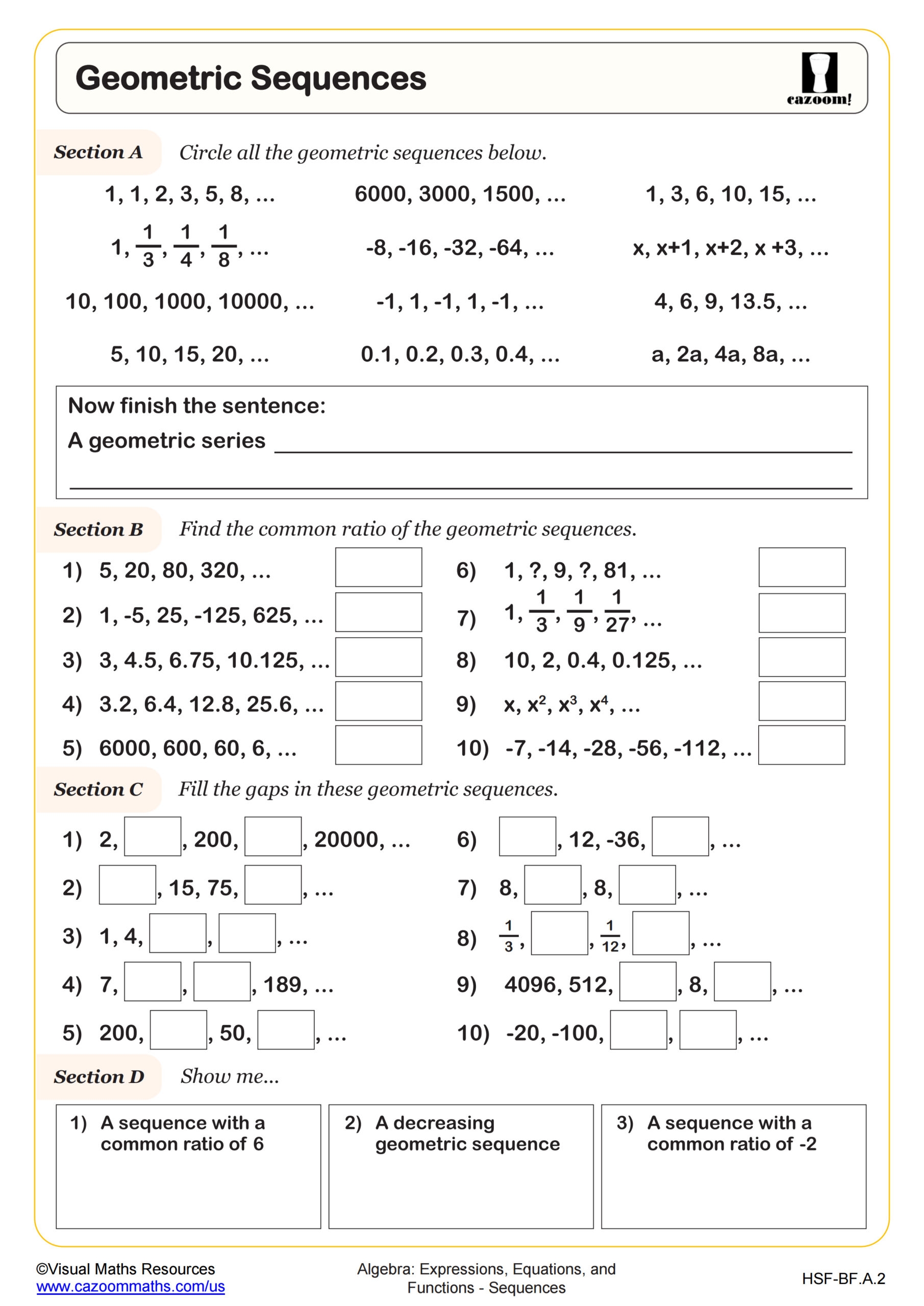 Geometric Sequences Worksheet PDF Printable Algebra Worksheet 