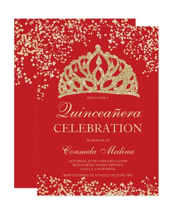 Gold Glitter Red Crown Tiara Quincea era Invitation Worksheets Library