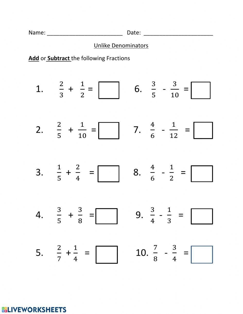 fraction addition and subtraction worksheets
