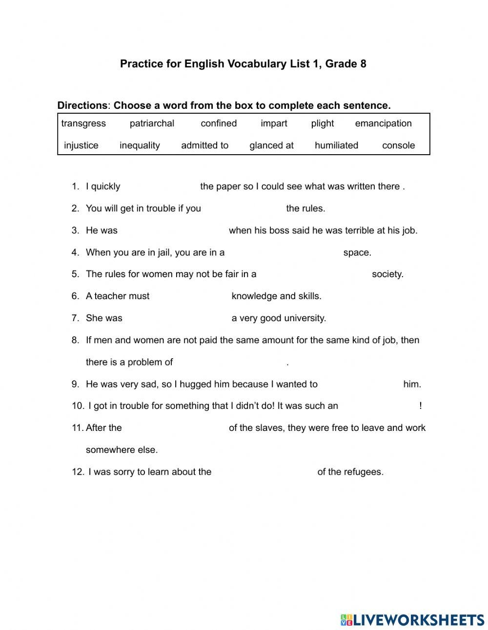 Grade 8 Vocabulary Practice Alison Levin Live Worksheets Library