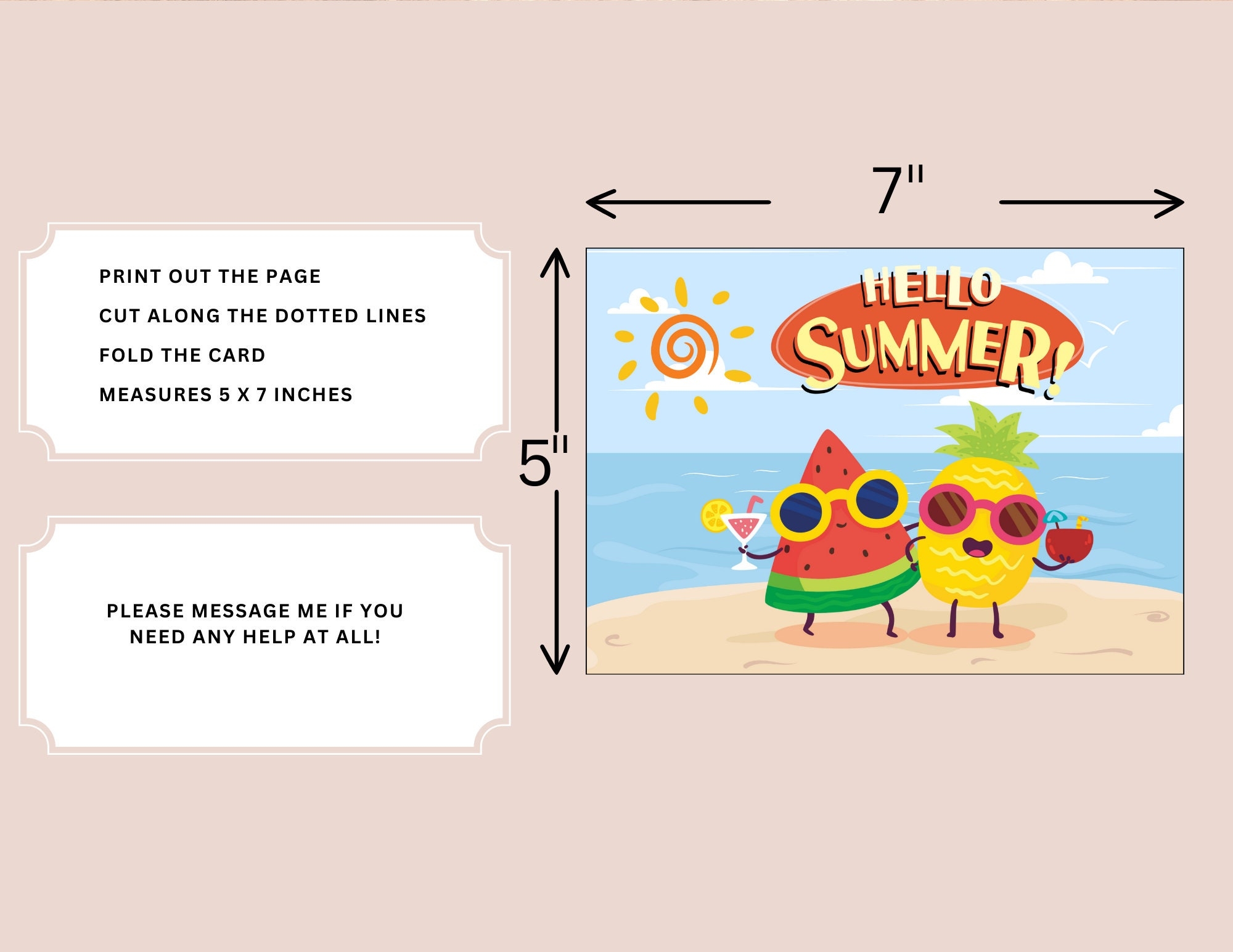 Hello Summer Card Printable Summer Card 5 X 7 Cards Digital Download 