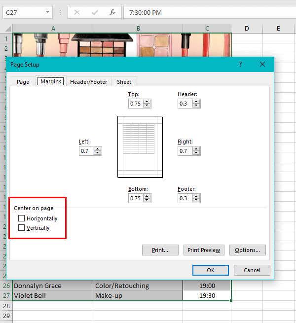 center excel worksheet horizontally