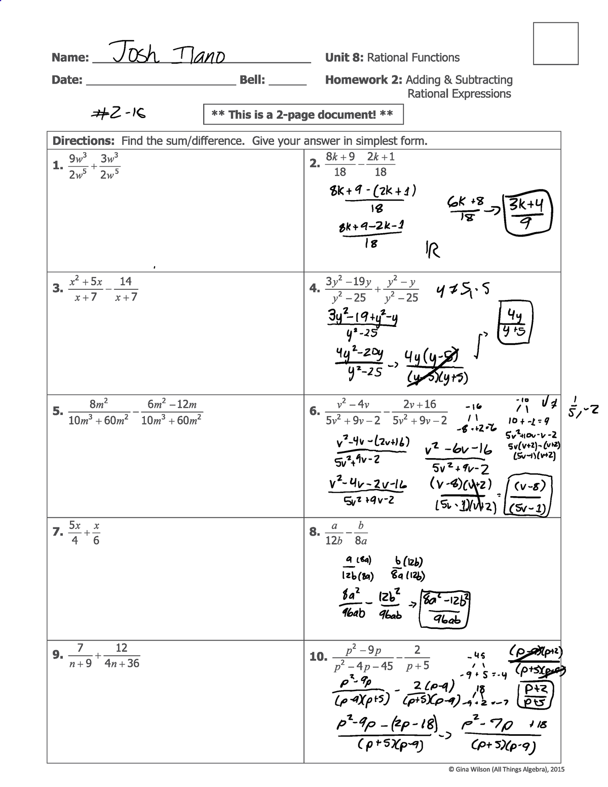 worksheet on adding and subtracting rational expressions