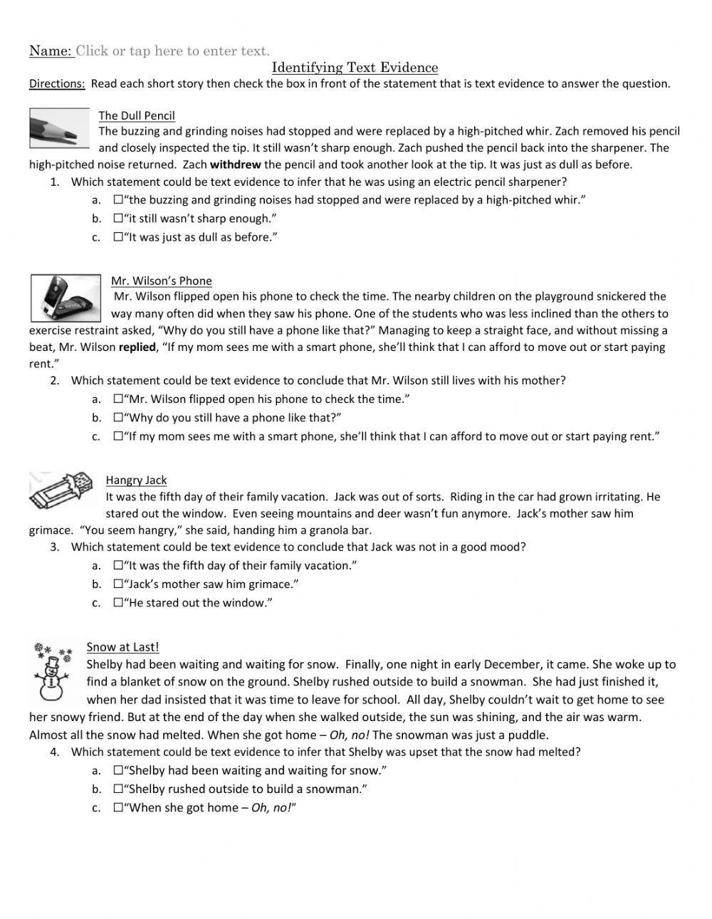 text evidence worksheet
