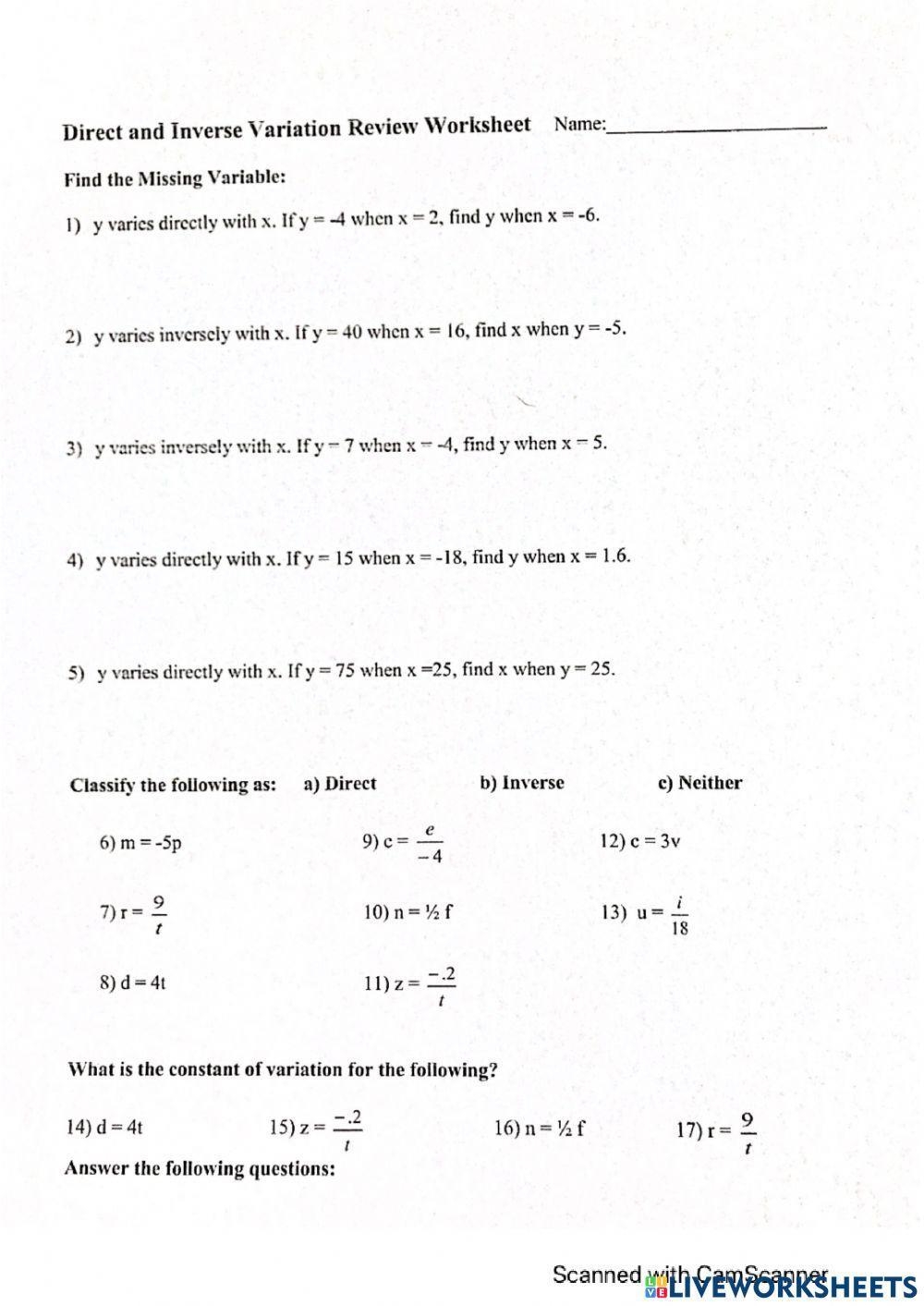 Inverse Variation Worksheet Pdf Fill Online Printable Fillable
