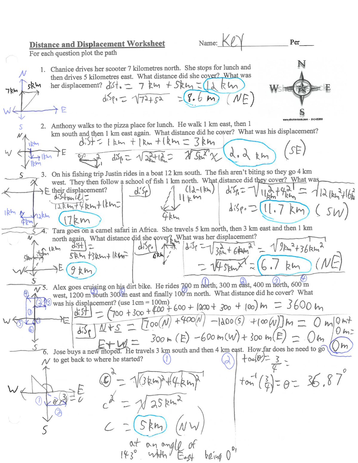 KEY Ch 02 Distance Displacement Velocity Practice Problems