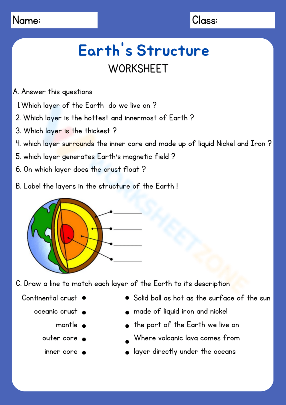 worksheet on earth's layers